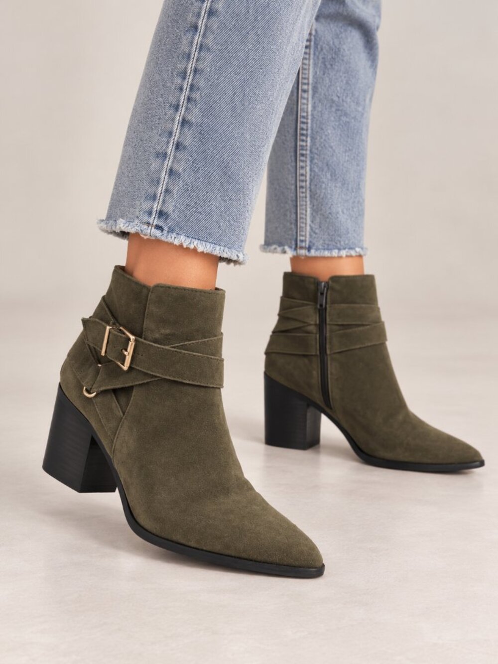 ALDO Womens 8 Olive Green Ankle Boots Buckle Pointed Toe Western Boho
